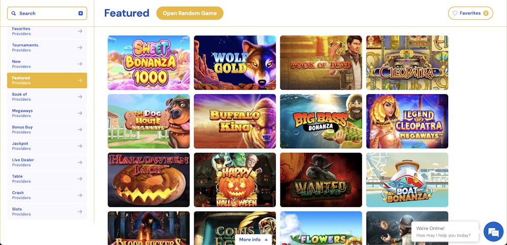 Spins Heaven featured games section, showcasing slot titles such as Sweet Bonanza 1000, Wolf Gold, Book of Dead, and Big Bass Bonanza. A navigation menu on the left provides options for filtering games by category