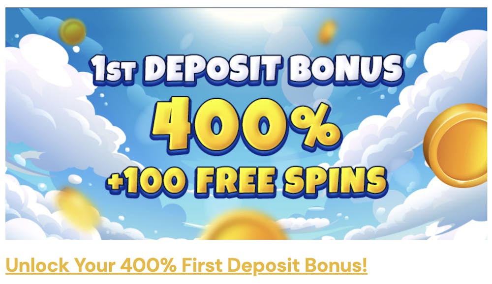 Bright promotional banner for Spins Heaven Casino advertising a 400% first deposit bonus plus 100 free spins. The design features a blue sky with fluffy white clouds and gold coins floating around, emphasizing the bonus offer in bold yellow and white text