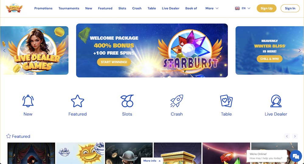 Spins Heaven Casino homepage featuring promotional banners for live dealer games, a 400% welcome bonus with 100 free spins on Starburst, and a winter-themed offer. The navigation menu includes options for slots, crash games, table games, and live dealer games.