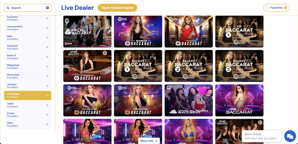 Spins Heaven live casino section displaying multiple live baccarat games hosted by dealers from Vivo Gaming. The left sidebar lists game categories, while a 