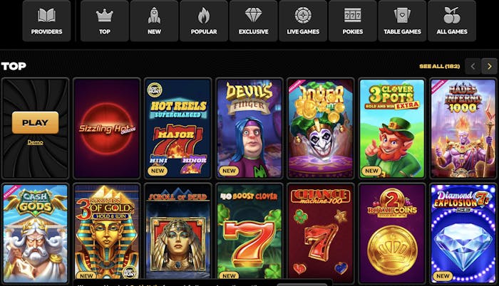A variety of top slots including Sizzling Hot Deluxe, Hot Reels Supercharged, and Devil’s Finger, with new and exclusive games like 3 Clover Pots Hold and Win Extra.