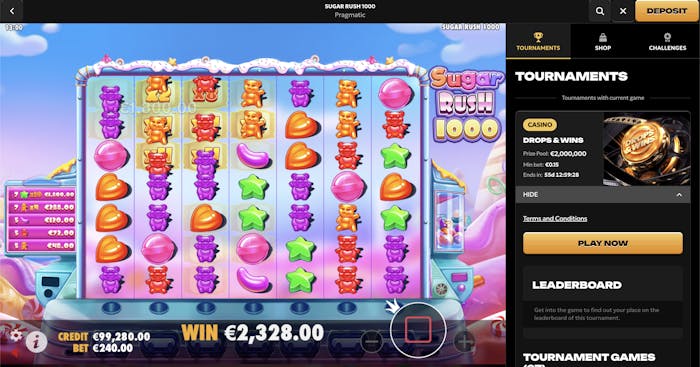 Sugar Rush 1000 slot game by Pragmatic Play showing a win of €2,328.00 on the reel with colorful candy symbols and the 'Drops & Wins' tournament details on the side.