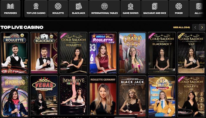 A selection of live casino games including Speed Roulette, Ruby Blackjack, and Gold Saloon Roulette, showing the dealers and game tables