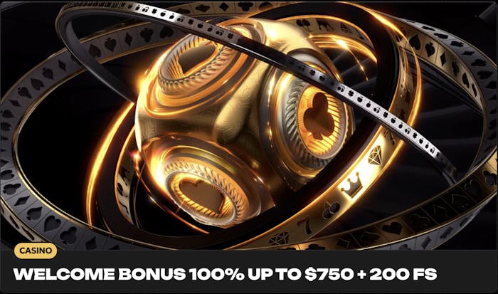 An animated promotional banner for a 100% welcome bonus up to $750 and 200 free spins, featuring a golden dice design with card suit symbols.