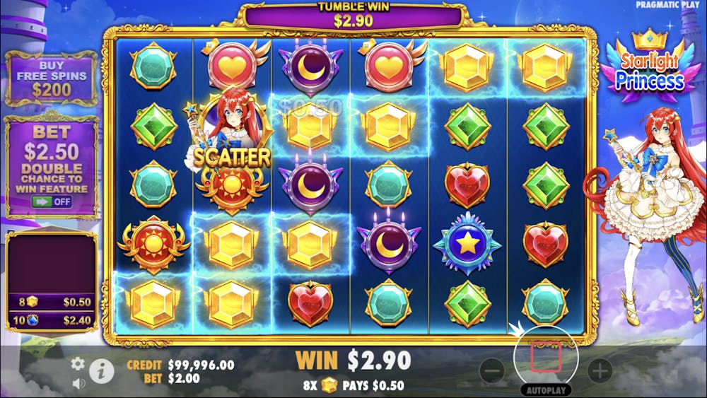 A vibrant screenshot of the Starlight Princess online slot game by Pragmatic Play, featuring a magical anime theme. The reels display various brightly coloured symbols, including moons, hearts, stars, and gemstones. A 