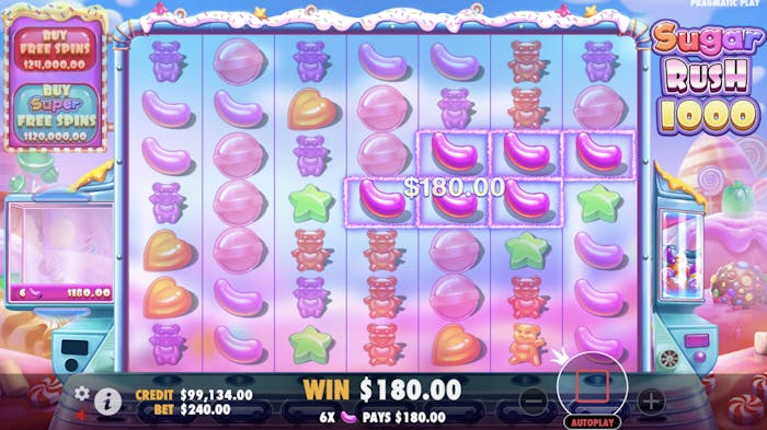showcasing the Sugar Rush 1000 slot gameplay, with a $180 win highlighted, featuring symbols like hearts, stars, and bears on the reels