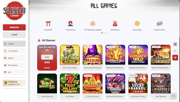 Sushi Casino’s 'All Games' section featuring games such as Elvis Frog in Vegas, Mummyland Treasures, Elephant’s Gold, Fruit Million, and Book of Ra Deluxe, with options to buy bonuses.