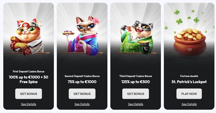 Promotional banners displaying various casino bonuses for Sushi Casino: First Deposit Casino Bonus with 100% up to €1000 and 50 free spins, Second Deposit Casino Bonus with 75% up to €1000, Third Deposit Casino Bonus with 125% up to €500, and a St. Patrick's Luckpot.
