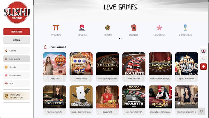 Live casino games section on Sushi Casino’s website showcasing a variety of live games, including Crazy Time, Crazy Coin Flip, Auto Lightning Roulette, Auto Roulette, Kirmizi Turkish Blackjack, and Spin 2 Win Royale.