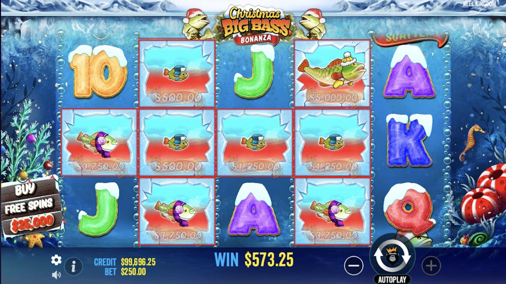 main reels of sweet bonanza christmas, with various wild symbols prominently displayed next to playing card symbols, forming a winning combination