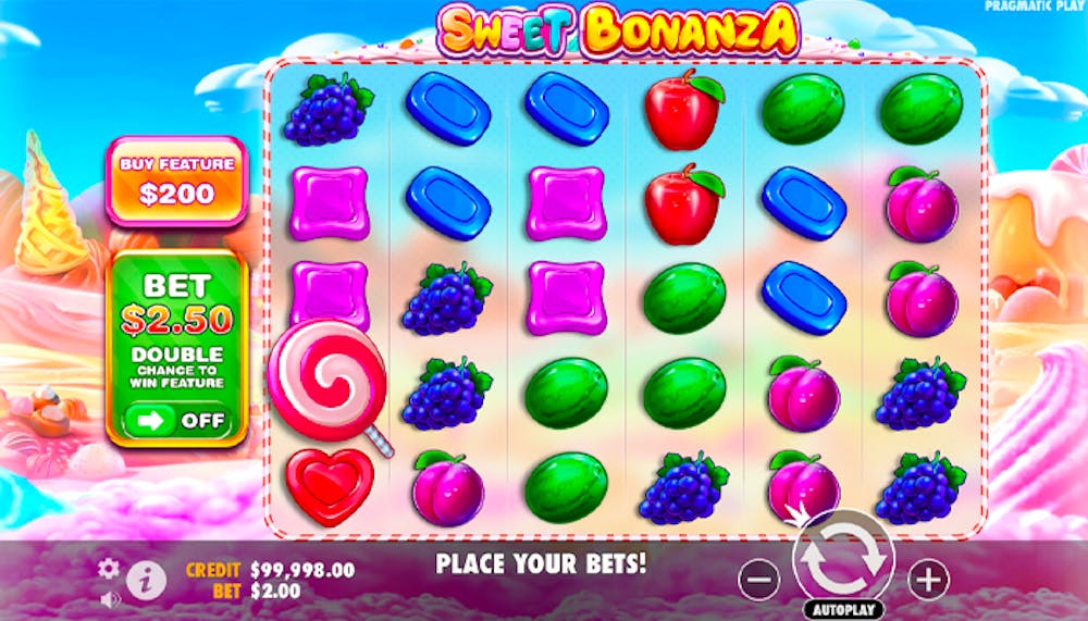 Sweet Bonanza slot game screen by Pragmatic Play, featuring colourful candy symbols, fruits like apples and grapes, and a large pink lollipop as the scatter symbol. The left panel displays a $200 buy feature and a bet option set at $2.50, with the game set against a vibrant candy-themed background.