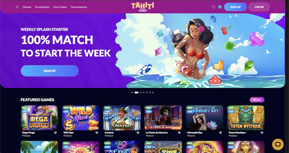 Tahiti Casino homepage featuring a promotional banner for the 