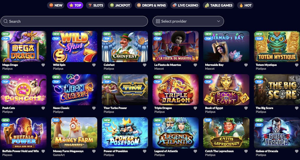 A dark-themed online casino interface showcasing a grid of slot games like Mega Drago, Wild Spin, and Book of Egypt, with 
