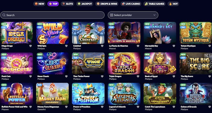Dark-themed casino interface with a grid of slot games