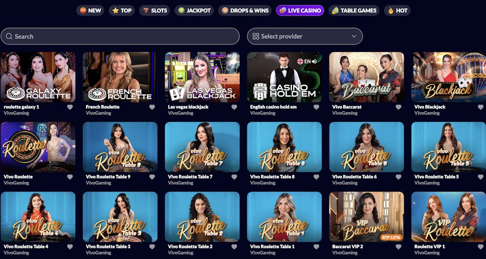 A selection of live casino games displayed in a dark interface, featuring various roulette, blackjack, and baccarat tables hosted by live dealers, with game providers labeled.
