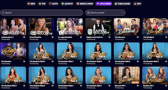 Selection of live casino games with live dealers