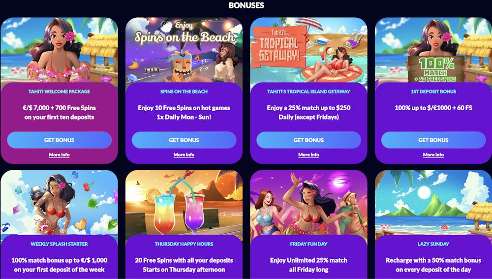A promotional section with tropical-themed banners showcasing welcome offers, including deposit match bonuses and free spins, with animated characters and vibrant beach backgrounds.