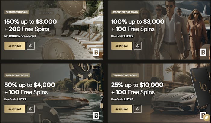 4 stage welcome bonus players receive for signing up at lucky ones casino