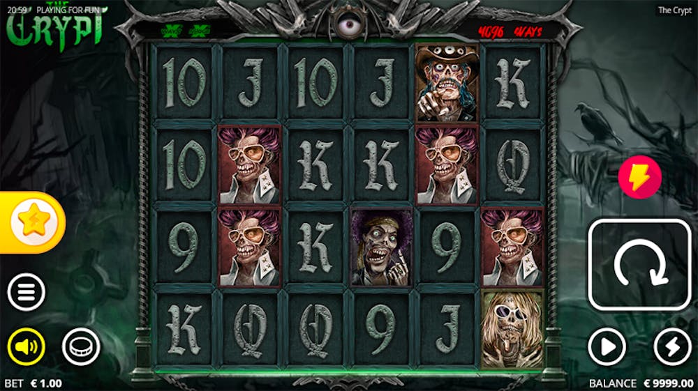 The Crypt slot game screen with a dark, gothic atmosphere. The reels display skeletal zombie characters, stone-carved card values (10, J, Q, K), and a sinister figure wearing a hat. The eerie background features mist, ravens, and shadowy trees. The interface shows a €9999 balance, €1.00 bet, and game controls on the left and right sides.