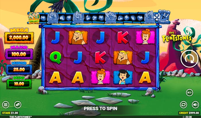 Gameplay screen of 'The Flintstones' slot featuring colourful symbols of Fred, Wilma, Barney, and Betty on a 5-reel setup with jackpot tiers labeled Mega, Major, Minor, and Mini, alongside a vibrant prehistoric background.