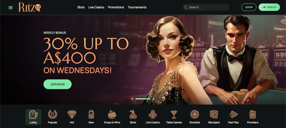 the home page of ritzo casino with the welcome bonus prominently displayed next to a roaring 20s theme