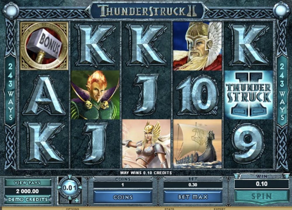 Thunderstruck II slot game interface featuring Norse mythology-themed symbols like Thor's hammer, Loki, Valkyrie, a Viking ship, and various playing card letters. The game highlights its 243 ways to win and offers controls for coin value, bet max, and spin.