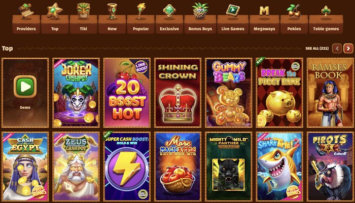 variety of popular games at Tiki Casino, including Joker Cashpot, Shining Crown, Gummy Bears, and Break the Piggy Bank. The games are visually displayed in the casino’s game library section, with options for exclusive and hot RTP games