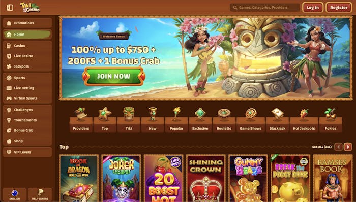 Tiki Casino homepage featuring the casino’s welcome bonus promotion with 100% up to $750, 200 free spins, and 1 Bonus Crab. The page also shows game categories like Slots, Live Casino, Jackpots, and Popular games, along with navigation buttons for the casino.