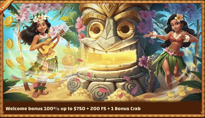 Tiki Casino promotional banner offering a 100% deposit bonus up to $750, plus 200 free spins and 1 Bonus Crab. The image features a tropical scene with a woman playing a ukulele and a stone tiki statue