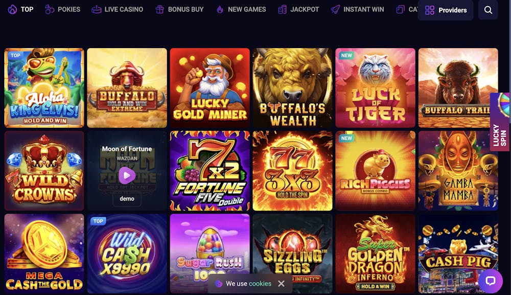 top casino games section of lucky7even casino with famous titles like elvis frog