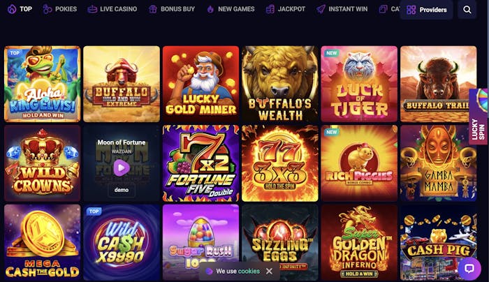top casino games section of lucky7even casino with famous titles like elvis frog