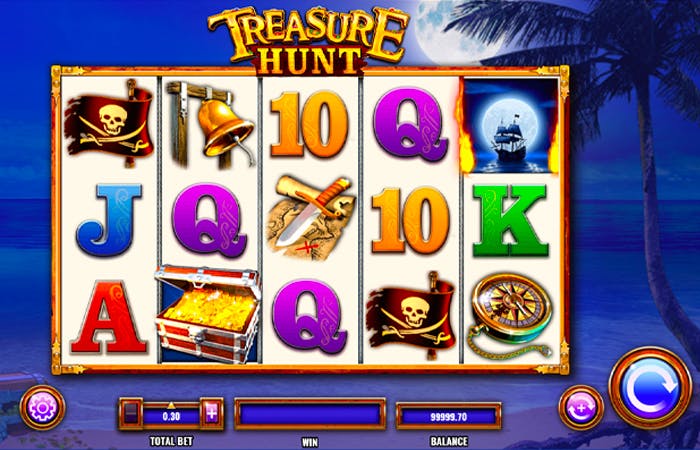 Treasure Hunt slot game reels displaying pirate symbols like treasure chests, crossed swords, a pirate flag, and a ship sailing under a full moon. The background features a moonlit beach scene with palm trees and deep blue waters.
