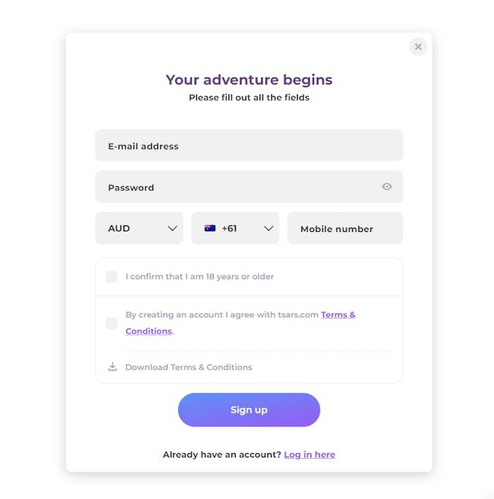 Tsars Casino signup page