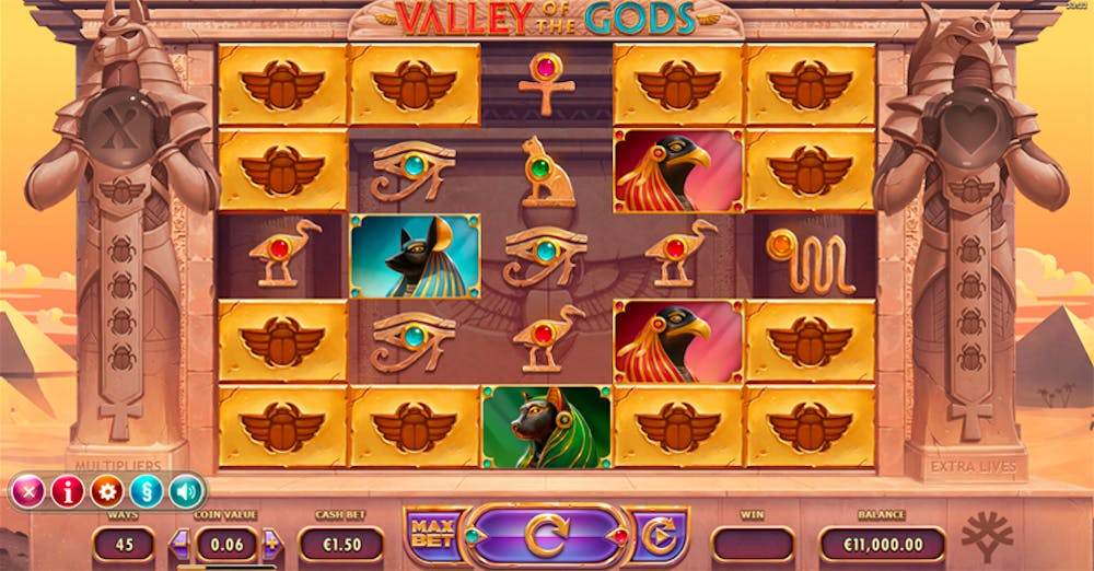 Valley of the Gods online slot gameplay screen featuring a 5x5 reel set adorned with ancient Egyptian-themed symbols like scarabs, Anubis, and Horus against a desert temple backdrop