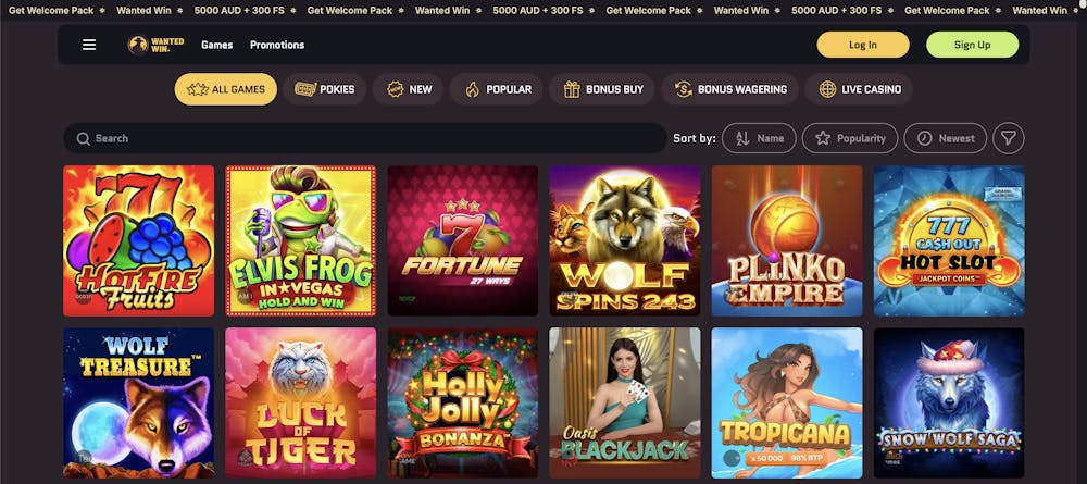 Wanted Wins online casino games page featuring popular pokies like Hot Fire Fruits, Elvis Frog in Vegas, Wolf Spins 243, and Plinko Empire for Australian players.