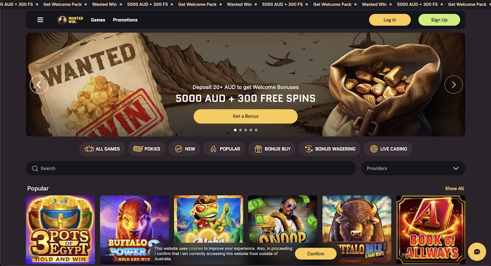 Wanted Wins casino home page featuring the welcome bonus banner offering $5000 AUD and 300 free spins, with navigation options for pokies, live casino, and promotions.