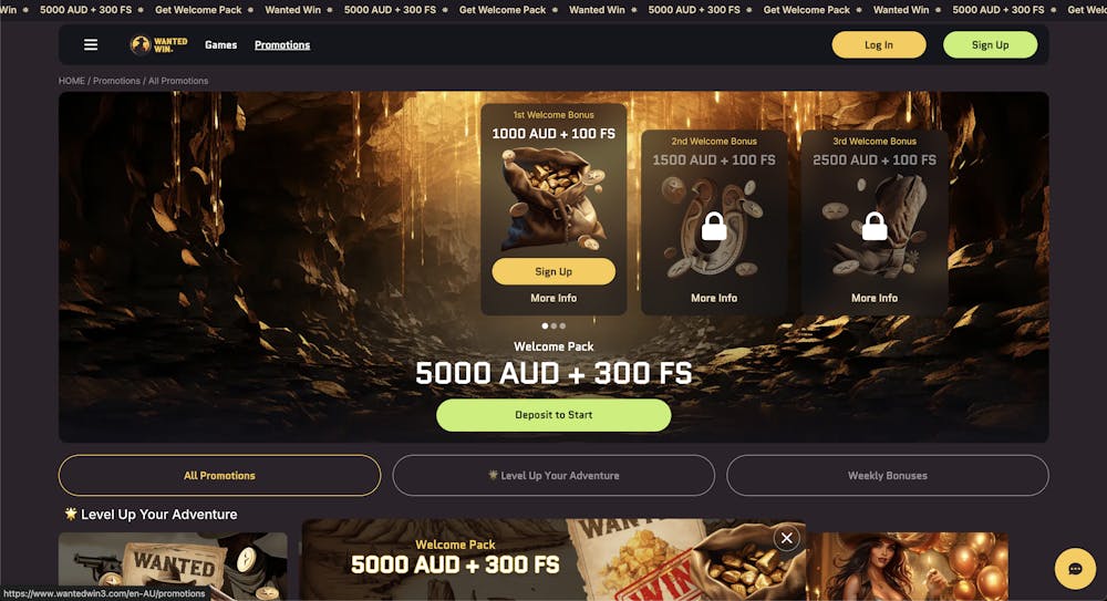 Wanted Wins promotions page highlighting the welcome bonus package of $5000 AUD and 300 free spins, with tiered deposit bonuses and a treasure-themed design.