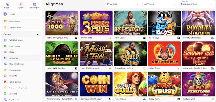 Weiss casino homepage featuring a modern, clean design with a promotional banner for a 350% welcome bonus up to 7,000 USDT, quick navigation to games, tournaments, and exclusive Weiss Originals.