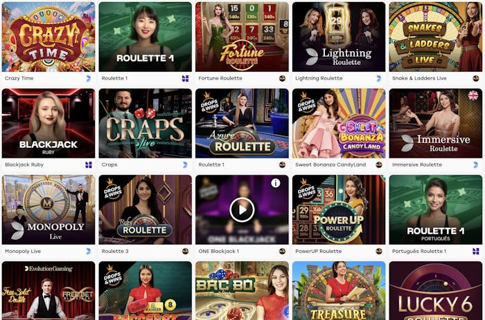 Weiss live casino lobby featuring popular live dealer games like Crazy Time, Blackjack Ruby, Fortune Roulette, and Sweet Bonanza Candyland, with professional hosts and high-quality streaming.