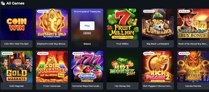 All games section with various slot games. Featured games include Coin Win, Elephant's Gold with Bonus Combo, Mummyland Treasures, Fruit Million, Big Stack Lumberjack, Book of Ra Deluxe Buy Bonus, Gold Magnate, and more.