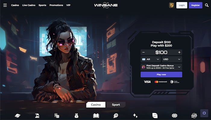 Winsane Casino homepage featuring a futuristic background with a woman wearing sunglasses and sitting at a table. The page displays a first deposit bonus offer of 100% up to $1,000 + 50 free spins, with options to deposit $100 and play with $200. It includes Visa, Mastercard, and Crypto payment options.