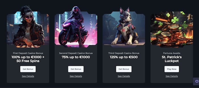 four winsane casino promotions in cyberpunk style, displaying first, second and third deposit bonuses along with a st patricks day promotion
