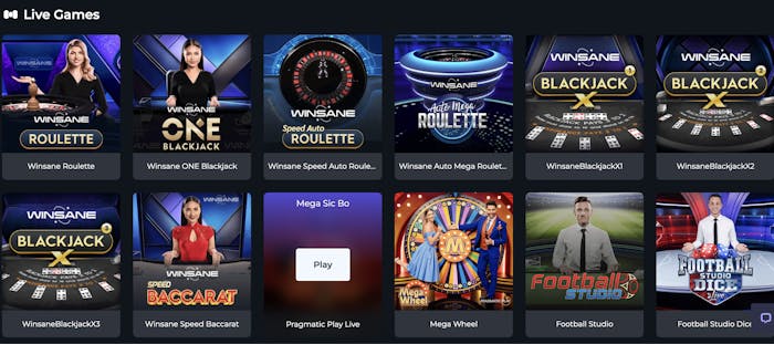 Live casino game section showcasing various options. Includes games like Winsane Roulette, Winsane ONE Blackjack, Winsane Speed Auto Roulette, Mega Sic Bo, Winsane Auto Mega Roulette, Winsane Blackjack X, and Football Studio Dice