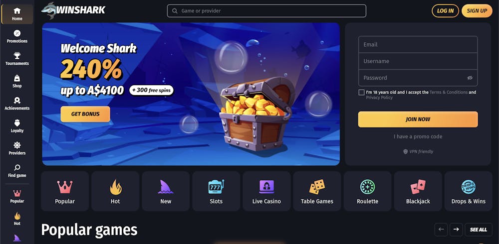 winshark casino home page