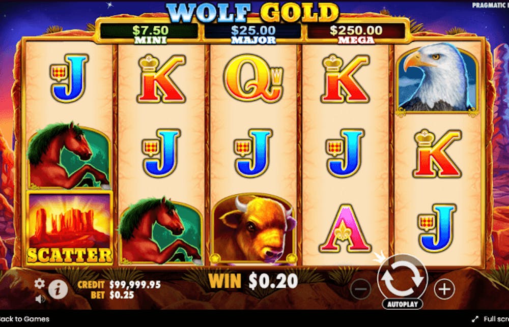 the main wolf gold slot screen, with eagles and scatter symbols