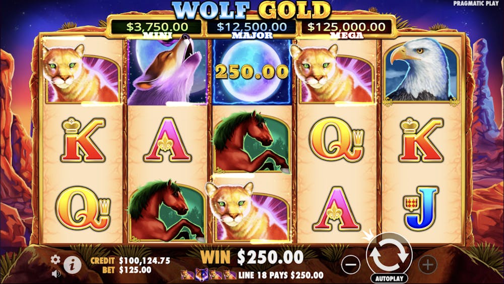 A screenshot of the Wolf Gold slot game, featuring a desert-themed background with animal symbols such as wolves, cougars, and eagles. Jackpot amounts are displayed at the top, and a spin button is visible at the bottom.