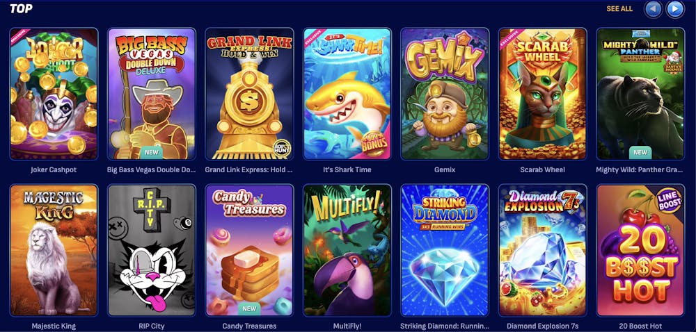 Selection of top slot games on Wonaco, featuring titles like Joker Cashpot, Big Bass Vegas, and Candy Treasures with vibrant thumbnails.