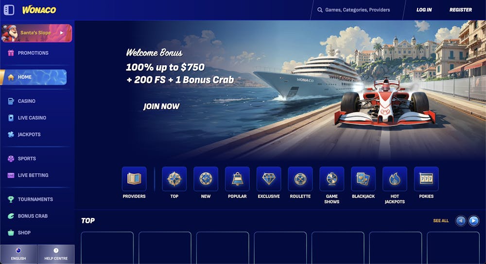 Wonaco homepage featuring a luxury-themed banner with a cruise ship and race car, and game categories like roulette, pokies, and jackpots.