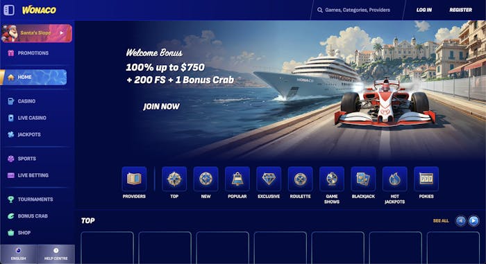 Wonaco homepage featuring a luxury-themed banner with a cruise ship and race car, and game categories like roulette, pokies, and jackpots.