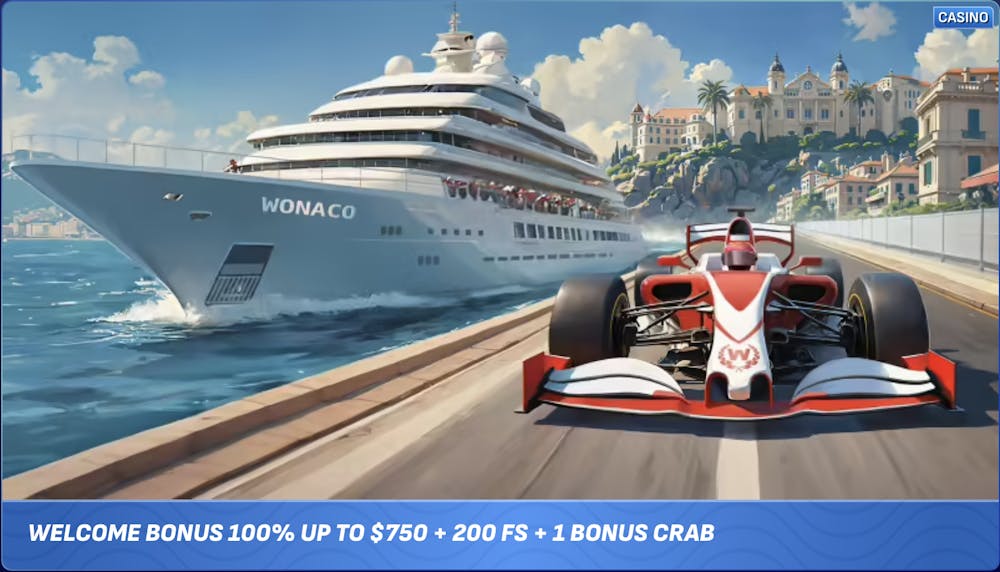 Wonaco welcome bonus banner showing a cruise ship, a racing car, and the text 'Welcome Bonus 100% Up to $750 + 200 FS + 1 Bonus Crab.